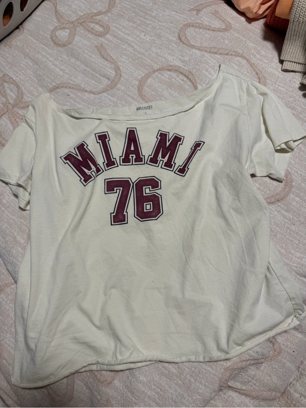 Hollister Cream Short Sleeve Tee with Maroon Miami 76 Graphic
